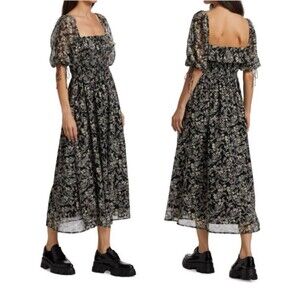 EN SAISON Smocked Paisley Midi Dress XS Black White Gold Metallic Peasant Boho